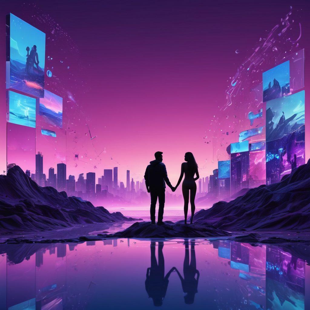 An abstract representation of the adult industry landscape, featuring a vibrant skyline made of digital screens displaying diverse erotic media, intertwined with flowing silhouettes of couples exploring their desires. Include a compass symbolizing navigation through this terrain, surrounded by icons of online resources like social media, websites, and chat bubbles. The background should be a rich, pulsating gradient of deep purples and blues, evoking a sense of intrigue and exploration. super-realistic. vibrant colors. 3D.